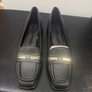 Black  Leather Square-Toe Loafers with Gold Accent